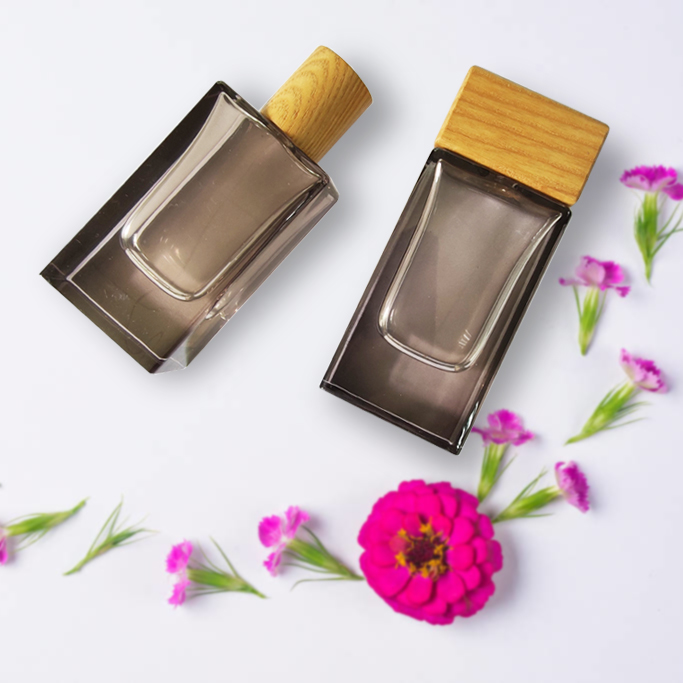 30m 50ml 70ml 80ml perfume packaging square amber glass perfume cologne bottle with wood lids