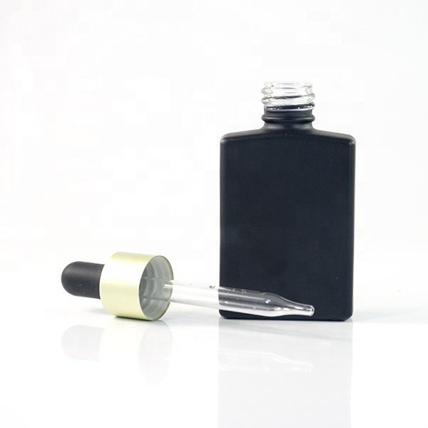 30ml 1 Oz 50ml 100ml Flat SQUARE Matte BLack Glass Dropper Bottle with bamboo cap
