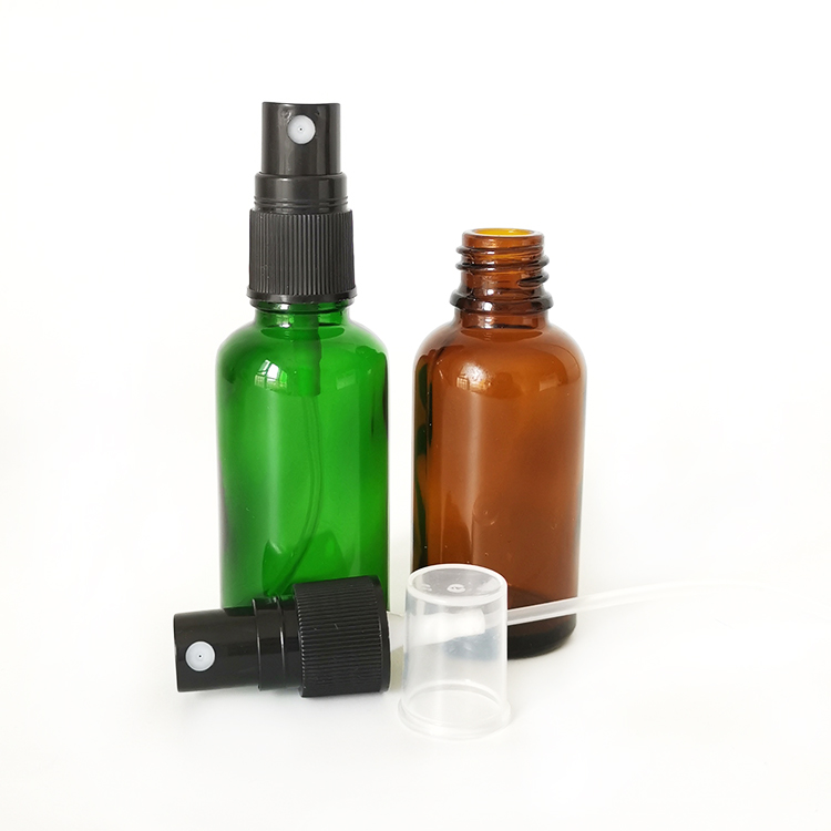 30ml 1 oz amber glass spray bottle with black spray caps