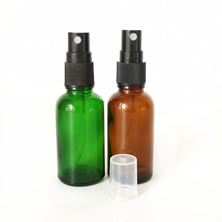 30ml 1 oz amber glass spray bottle with black spray caps