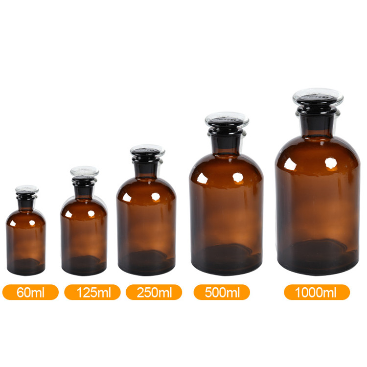 30ml-1000ml clear or amber narrow mouth glass reagent bottle with glass lid and cork