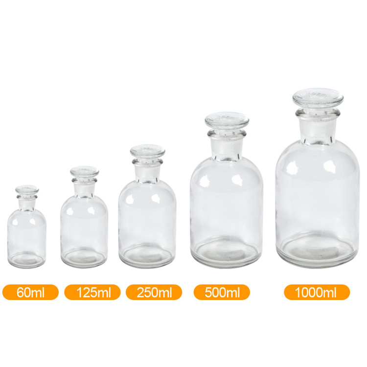 30ml-1000ml clear or amber narrow mouth glass reagent bottle with glass lid and cork