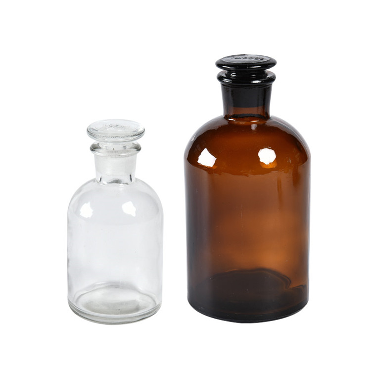 30ml-1000ml clear or amber narrow mouth glass reagent bottle with glass lid and cork