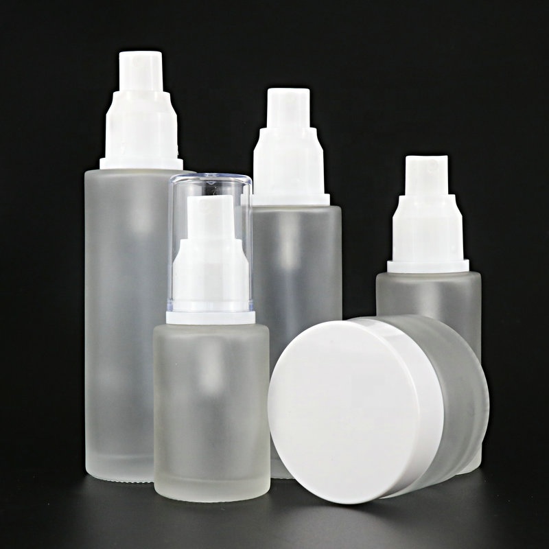 30ml 100ml 120ml 30g 50g frosted cosmetics glass bottle set with black  cap and cream jar