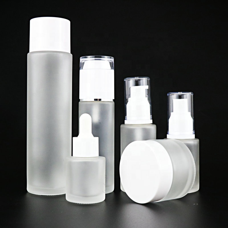 30ml 100ml 120ml 30g 50g frosted cosmetics glass bottle set with black cap and cream jar