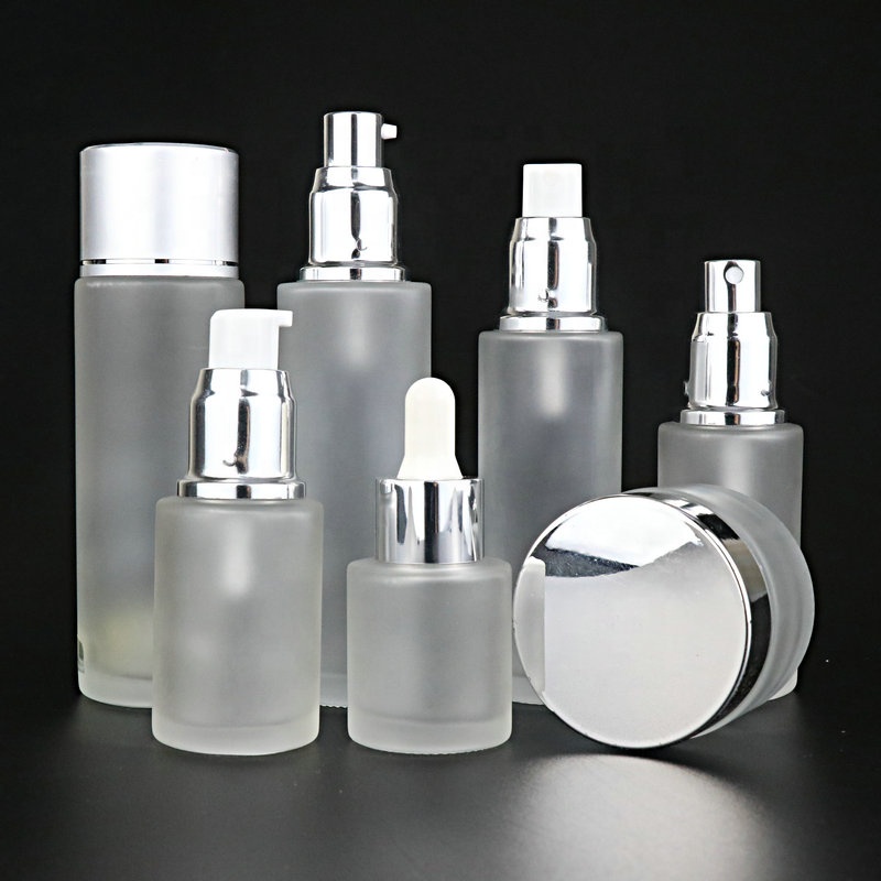30ml 100ml 120ml 30g 50g frosted cosmetics glass bottle set with black cap and cream jar