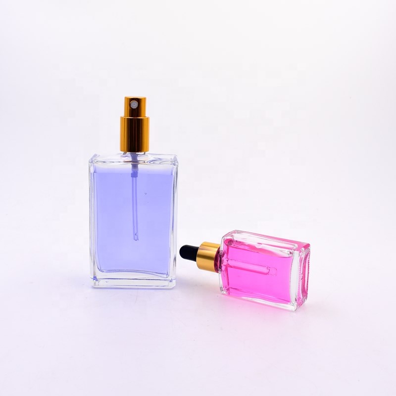 30ml 100ml clear rectangle square essential oil glass bottle for serum lotion cosmetic perfume packing with dropper lid pipette