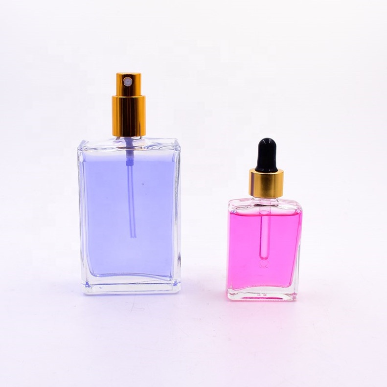 30ml 100ml clear rectangle square essential oil glass bottle for serum lotion cosmetics packaging with dropper lid pipette spray