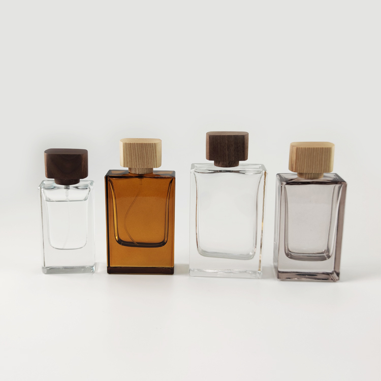 30ml~100ml square crystal clear glass cologne bottle with wooden lid