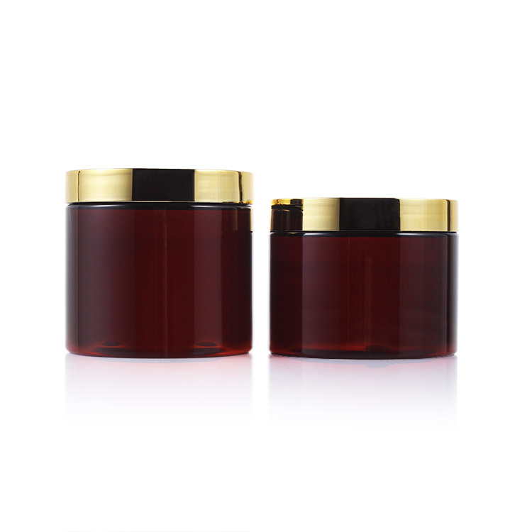 30ml,120ml,400ml,500ml amber PET plastic cream jar for skincare with golden lid