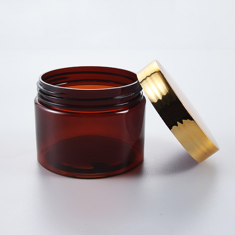 30ml,120ml,400ml,500ml amber PET plastic cream jar for skincare with golden lid