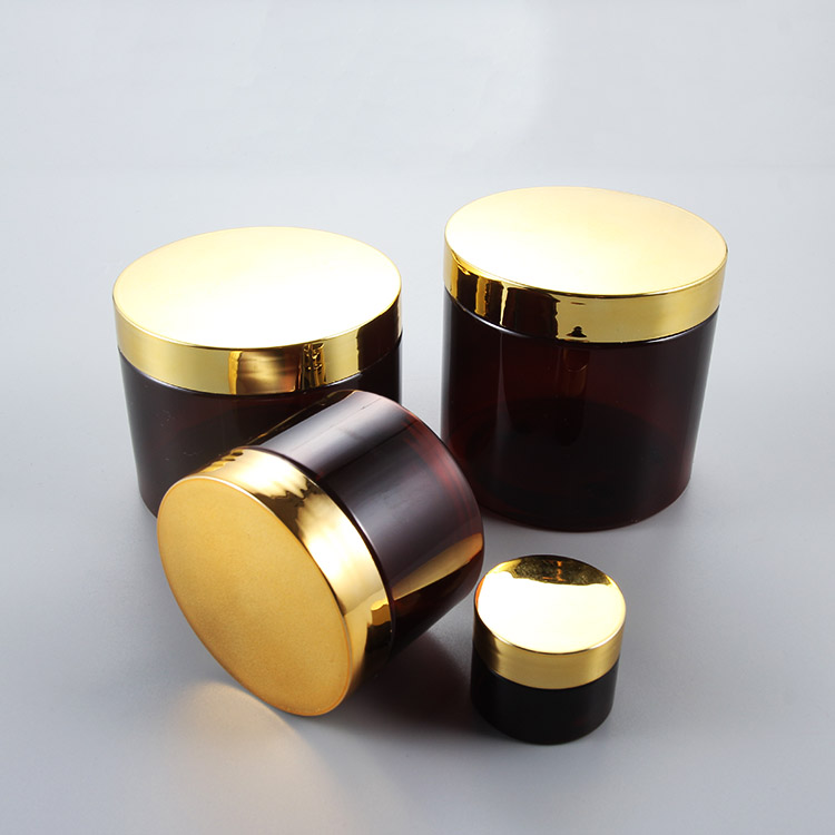 30ml,120ml,400ml,500ml amber PET plastic cream jar for skincare with golden lid