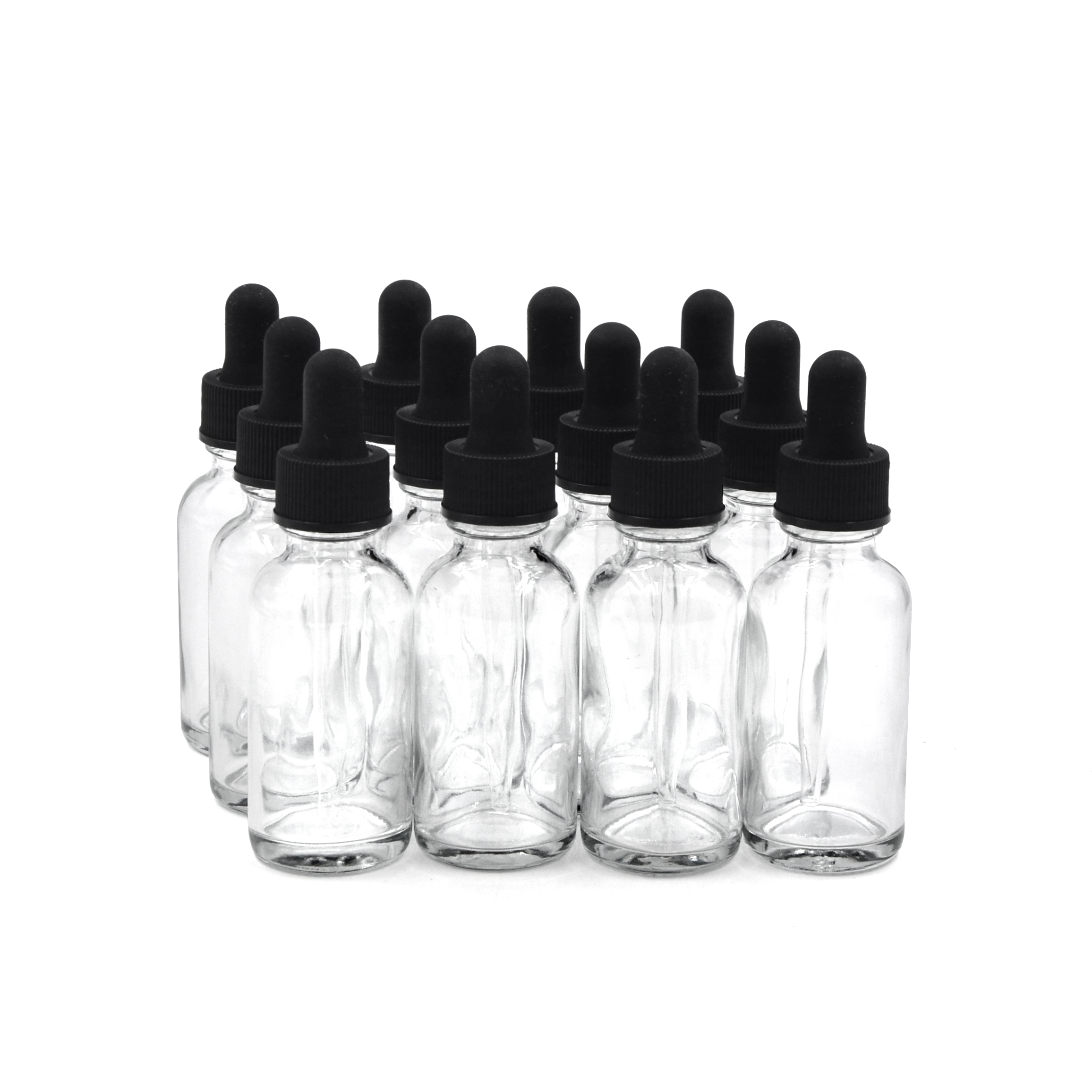 30ml (1oz) Clear Boston Round Bottle w/Glass Eye Dropper, Pack of 12