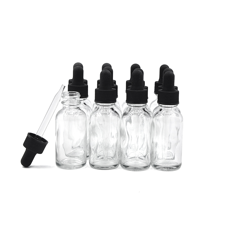 30ml (1oz) Clear Boston Round Bottle w/Glass Eye Dropper, Pack of 12
