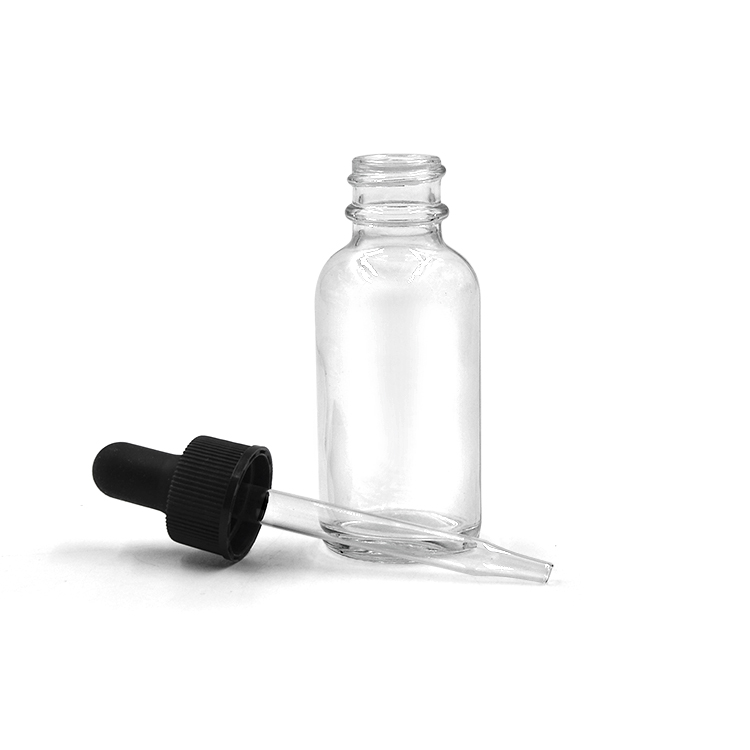 30ml (1oz) Clear Boston Round Bottle w/Glass Eye Dropper, Pack of 12