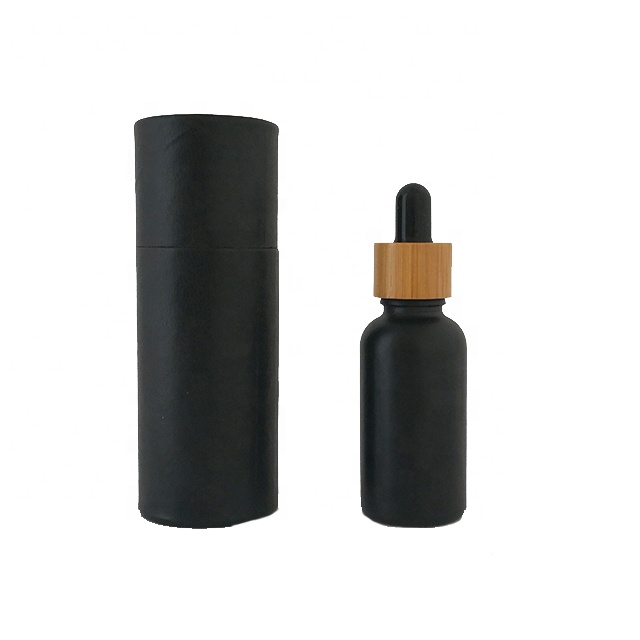30ml 1oz bamboo cap essential oil matte black frosted glass bamboo dropper bottle with Paper tube