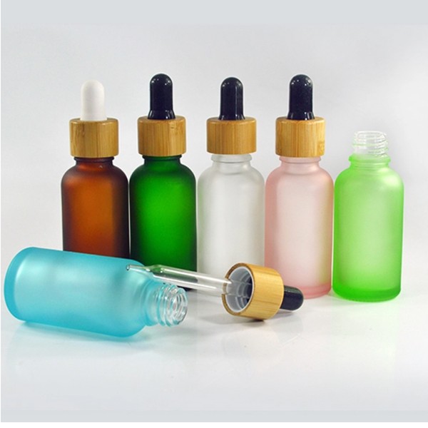 30ml 1oz bamboo cap essential oil matte black frosted glass bamboo dropper bottle with Paper tube