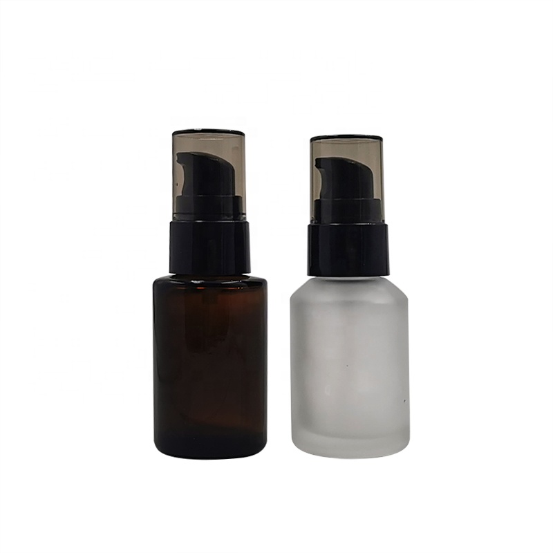 30ml 1oz empty flat shoulder amber frosted clear glass serum lotion bottle with black pump