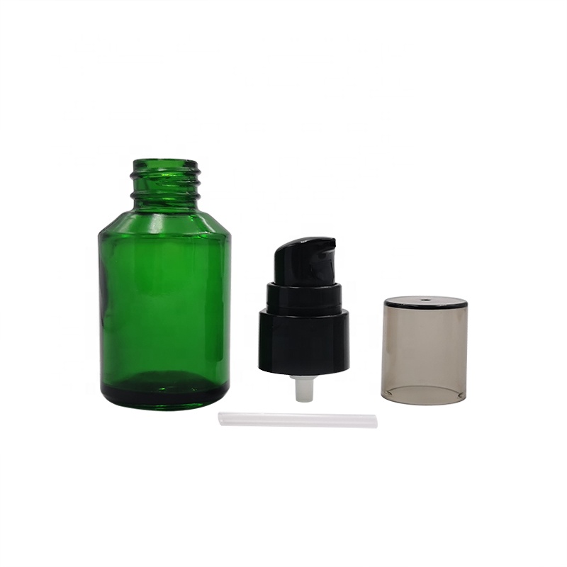 30ml 1oz empty flat shoulder amber frosted clear glass serum lotion bottle with black pump
