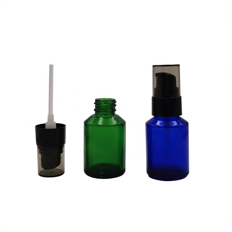 30ml 1oz empty flat shoulder amber frosted clear glass serum lotion bottle with black pump
