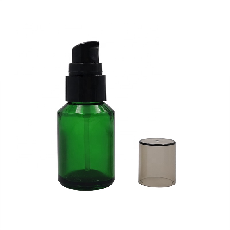 30ml 1oz empty flat shoulder amber frosted clear glass serum lotion bottle with black pump