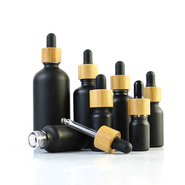 30ml 1oz matte black glass essential oil serum bamboo dropper bottle with pipette 10ml 50ml 100ml