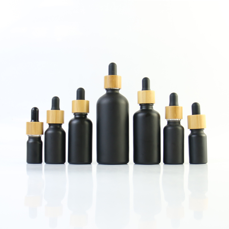 30ml 1oz matte black glass essential oil serum bamboo dropper bottle with pipette 10ml 50ml 100ml