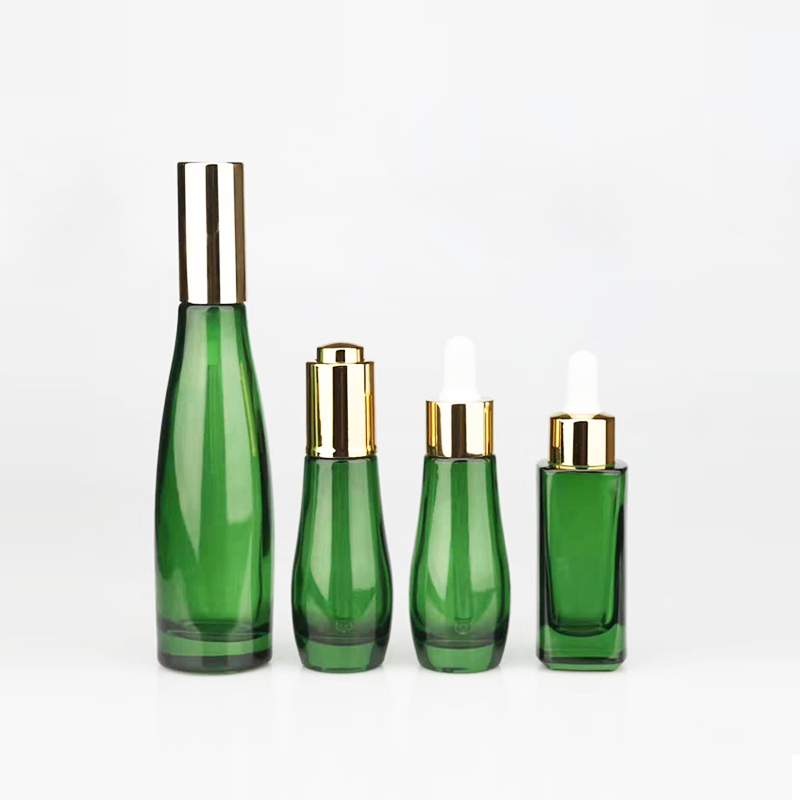 30ml 40ml 50ml dark green glass dropper bottle empty cosmetic lotion essential oil glass pump bottle jar set with aluminum cap
