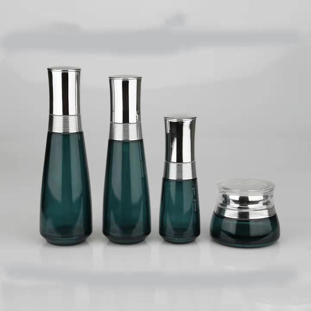 30ml 40ml 50ml dark green glass dropper bottle empty cosmetic lotion essential oil glass pump bottle jar set with aluminum cap