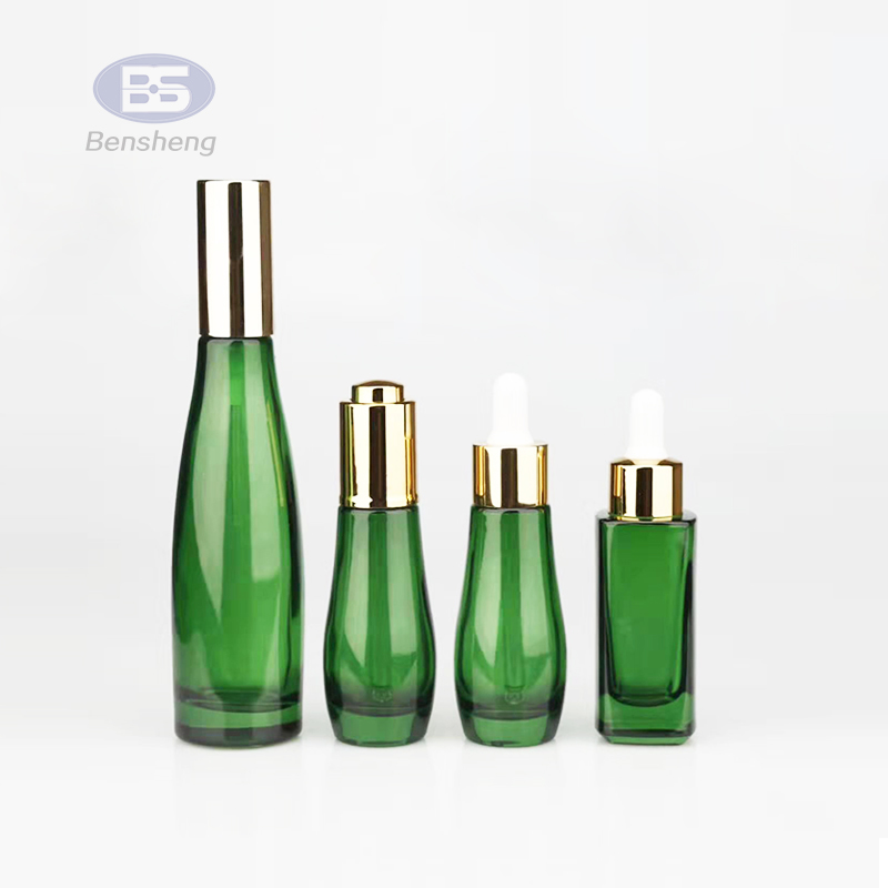 30ml 40ml 50ml dark green glass dropper bottle empty cosmetic lotion essential oil glass pump bottle jar set with aluminum cap
