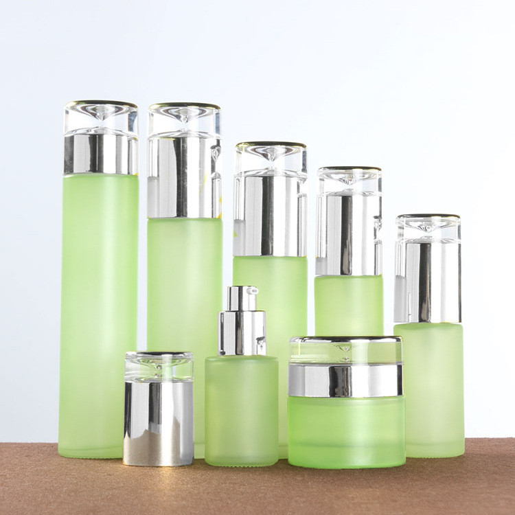 30ml 40ml 60ml 80ml frosted green cosmetics empty glass bottle packaging and 30g 50g face cream jar set