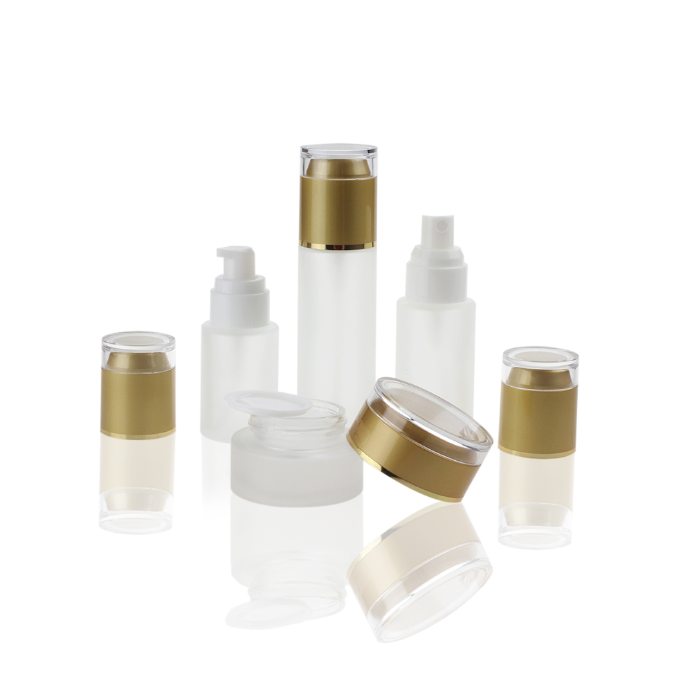 30ml 40ml 60ml 80ml silvery and gold Frosted Glass Pump Bottle , 20g 30g 50g Cream Skincare Jar with Acrylic Cap