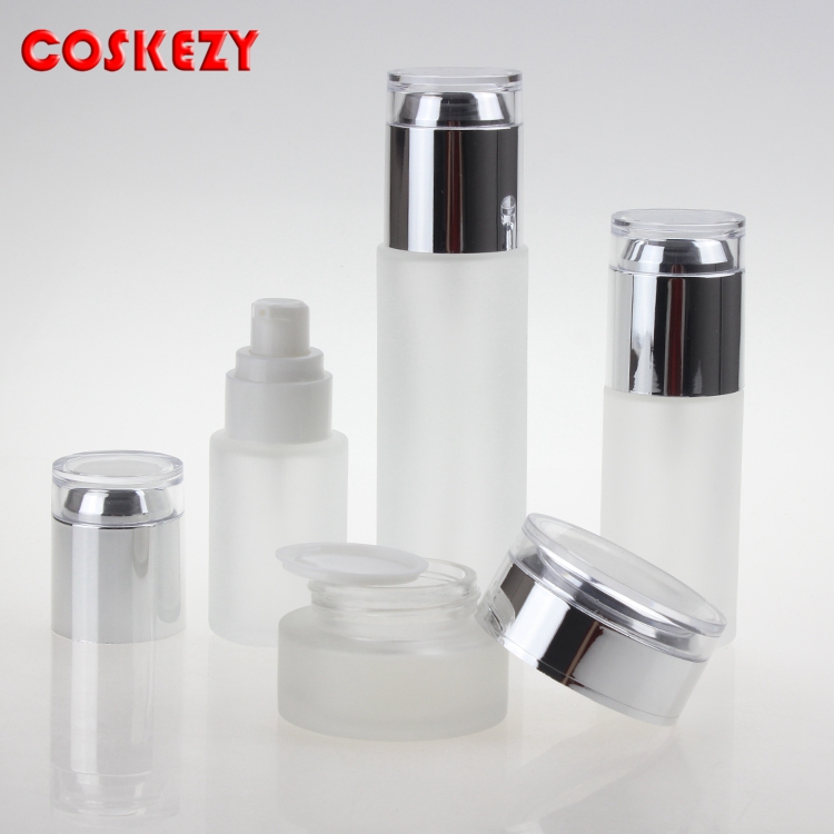 30ml 40ml 60ml 80ml silvery and gold Frosted Glass Pump Bottle, 20g 30g 50g Cream Skincare Jar with Acrylic Cap