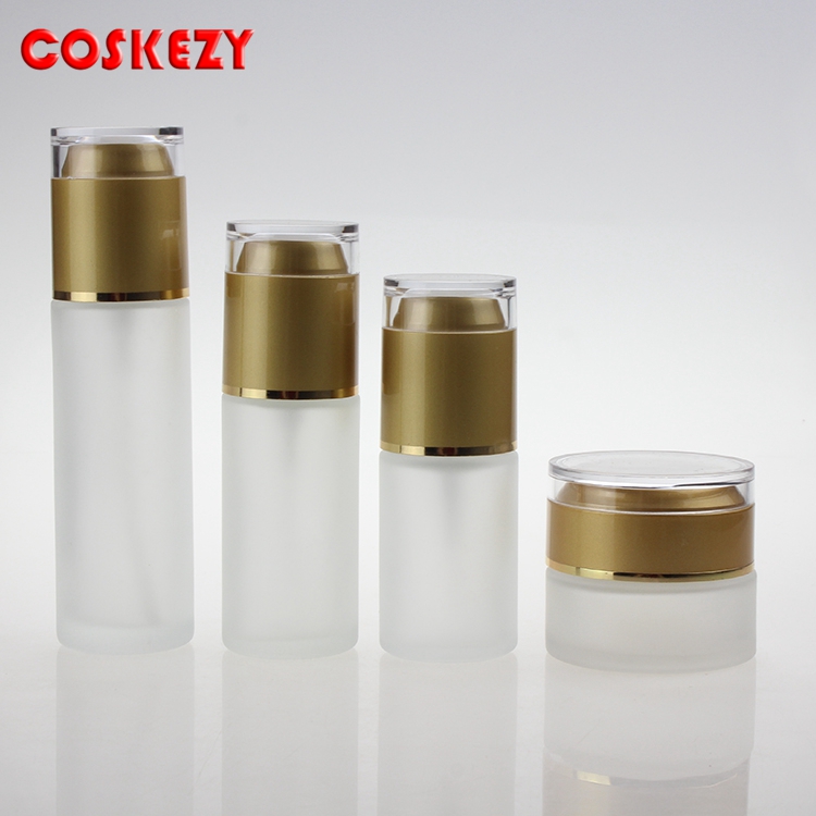 30ml 40ml 60ml 80ml silvery and gold Frosted Glass Pump Bottle, 20g 30g 50g Cream Skincare Jar with Acrylic Cap