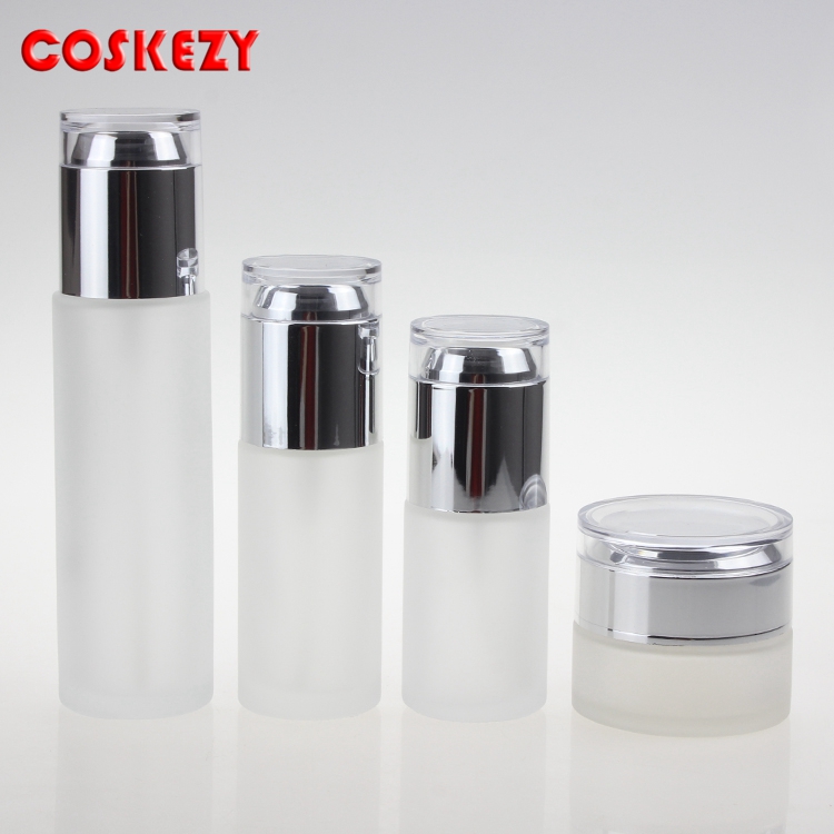 30ml 40ml 60ml 80ml silvery and gold Frosted Glass Pump Bottle, 20g 30g 50g Cream Skincare Jar with Acrylic Cap