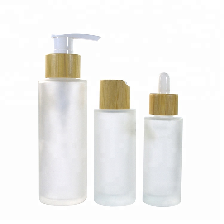 30ml 50ml 100ml 120ml 150ml flat shoulder frosted clear glass pump lotion sprayer dropper bottle bamboo lid