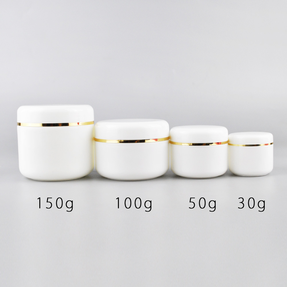 30ml 50ml 100ml 150ml 250ml white plastic cosmetic cream container hair oil jar with silver gold line