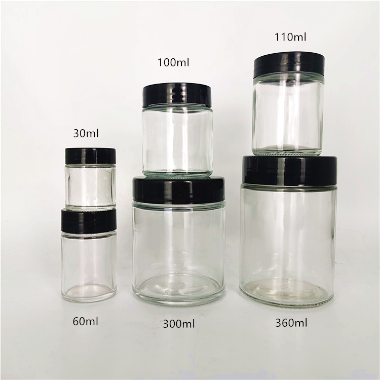 30ml 50ml 100ml 180ml 220ml 300ml 360ml 500ml straight sided round glass candle jars with black plastic lid