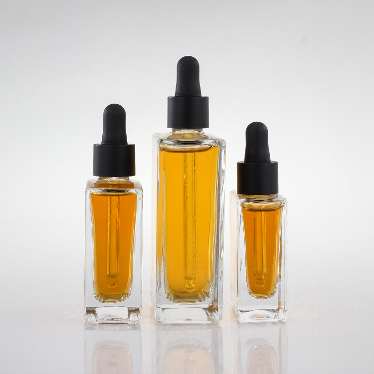 30ml 50ml 100ml Custom Clear Square Serum Cosmetic Essential Oil Dropper Bottle With Black Aluminum Cap