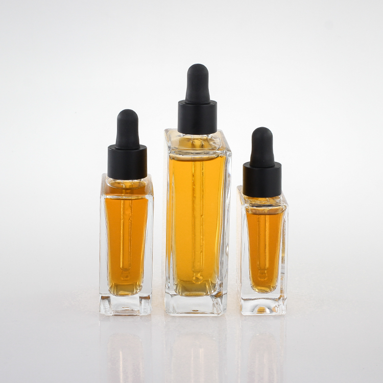 30ml 50ml 100ml Flat Square Rectangle Luxury Glass Dropper Bottles With Black Gold Collar For Serum Elixir Essent