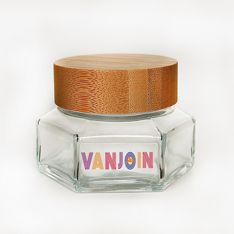 30ml 50ml 100ml High grade hexagon shape mini face cream cosmetic glass jar with wooden bamboo lid