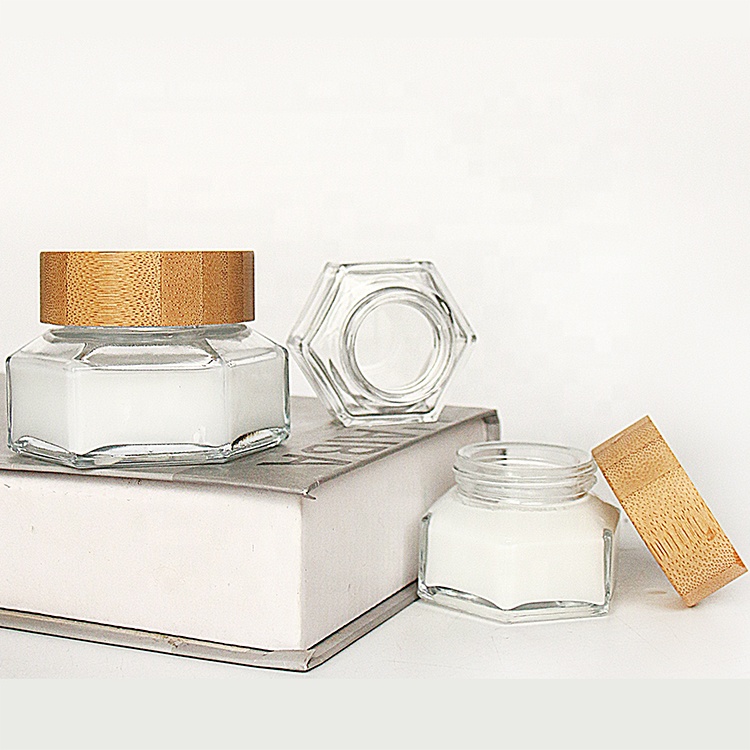 30ml 50ml 100ml High grade hexagon shape mini face cream cosmetic glass jar with wooden bamboo lid