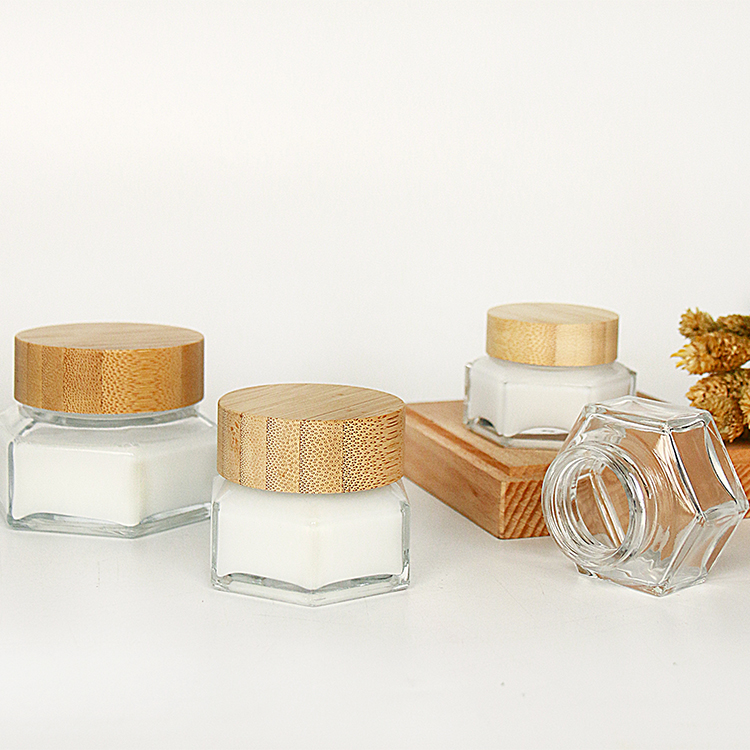 30ml 50ml 100ml High grade hexagon shape mini face cream cosmetic glass jar with wooden bamboo lid