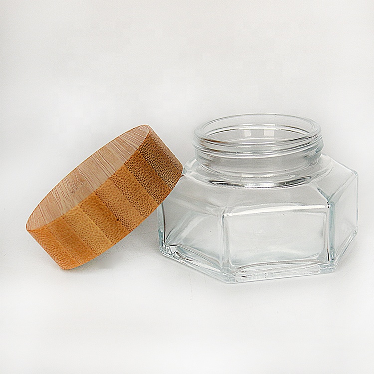 30ml 50ml 100ml High grade hexagon shape mini face cream cosmetic glass jar with wooden bamboo lid