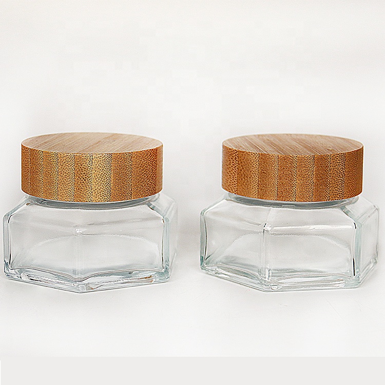 30ml 50ml 100ml High grade hexagon shape mini face cream cosmetic glass jar with wooden bamboo lid
