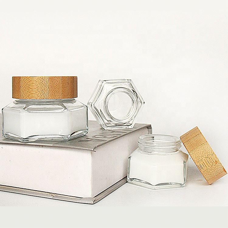 30ml 50ml 100ml High grade hexagon shape mini face cream cosmetic glass jar with wooden bamboo lid