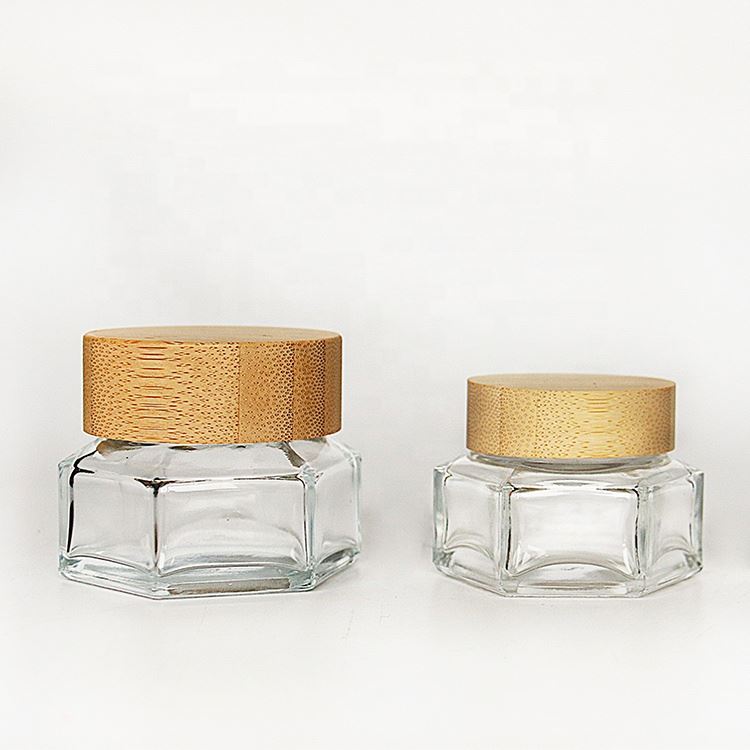 30ml 50ml 100ml High grade hexagon shape mini face cream cosmetic glass jar with wooden bamboo lid