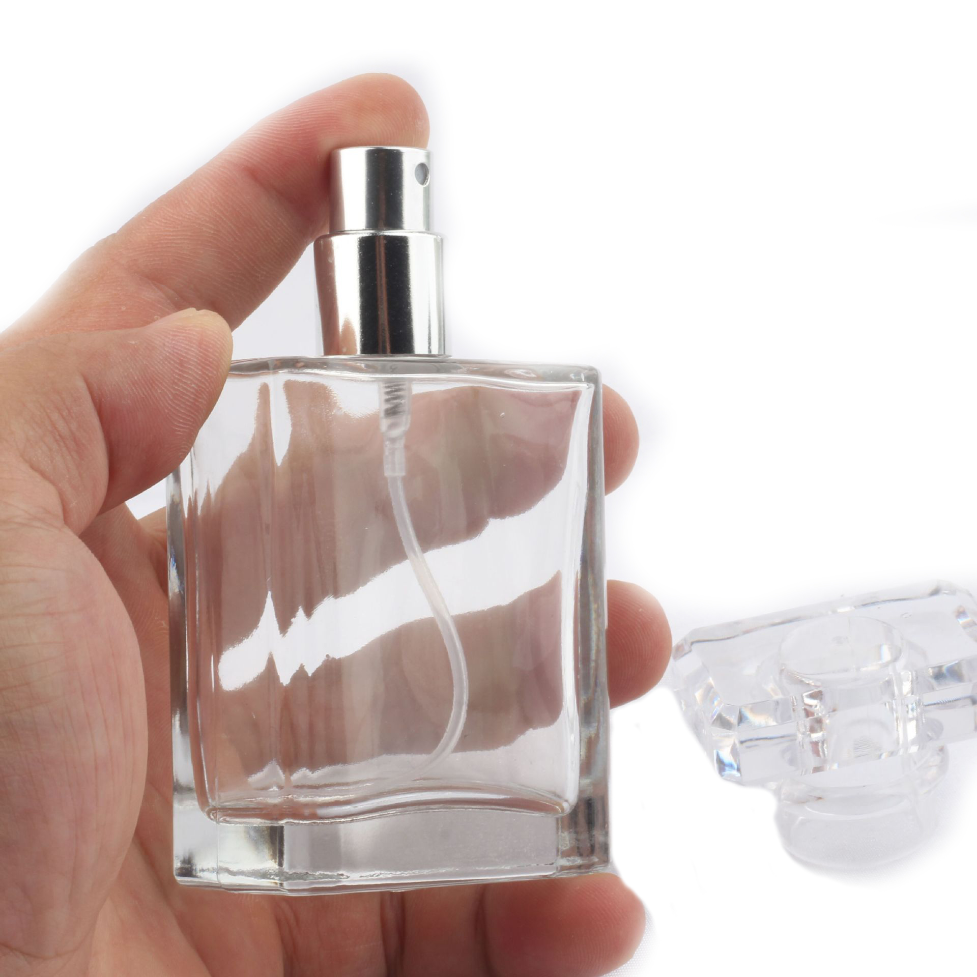 30ml /50ml /100ml /Square Empty Clear Perfume Glass Bottle spray perfume bottle with Square Crystal Cap