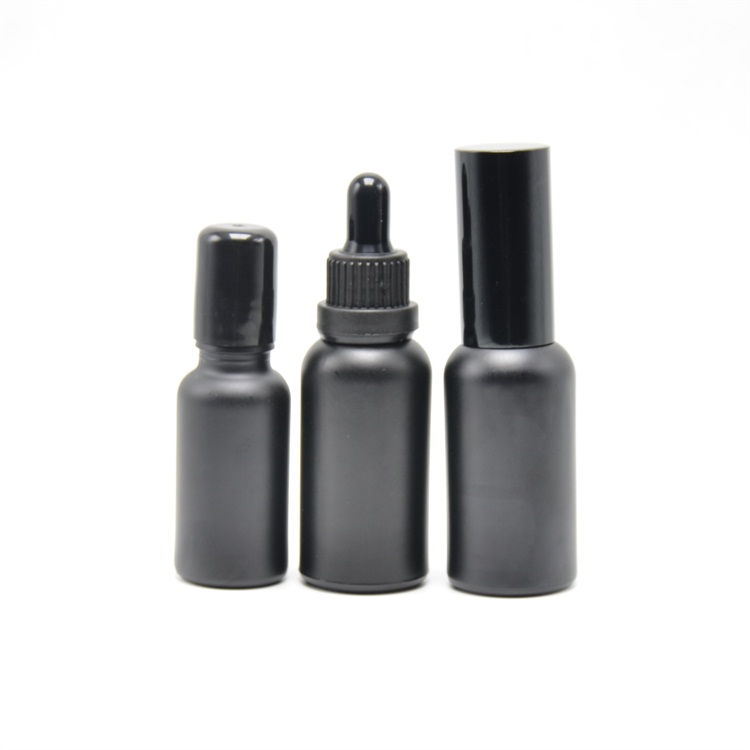 30ml 50ml 100ml matte black essential oil frosted glass bottle with dropper and roller and spray