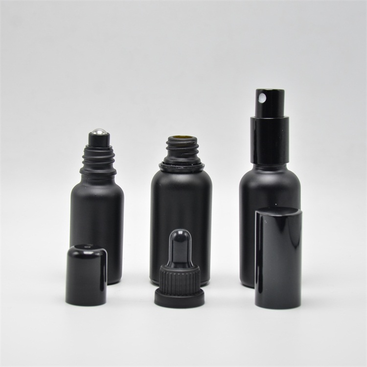 30ml 50ml 100ml matte black essential oil frosted glass bottle with dropper and roller and spray